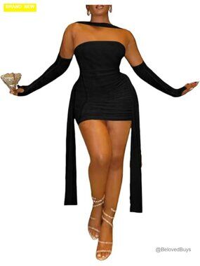 Strapless Tube Top Mesh Mini Dress Bodycon Ruched Ribbons Date Night